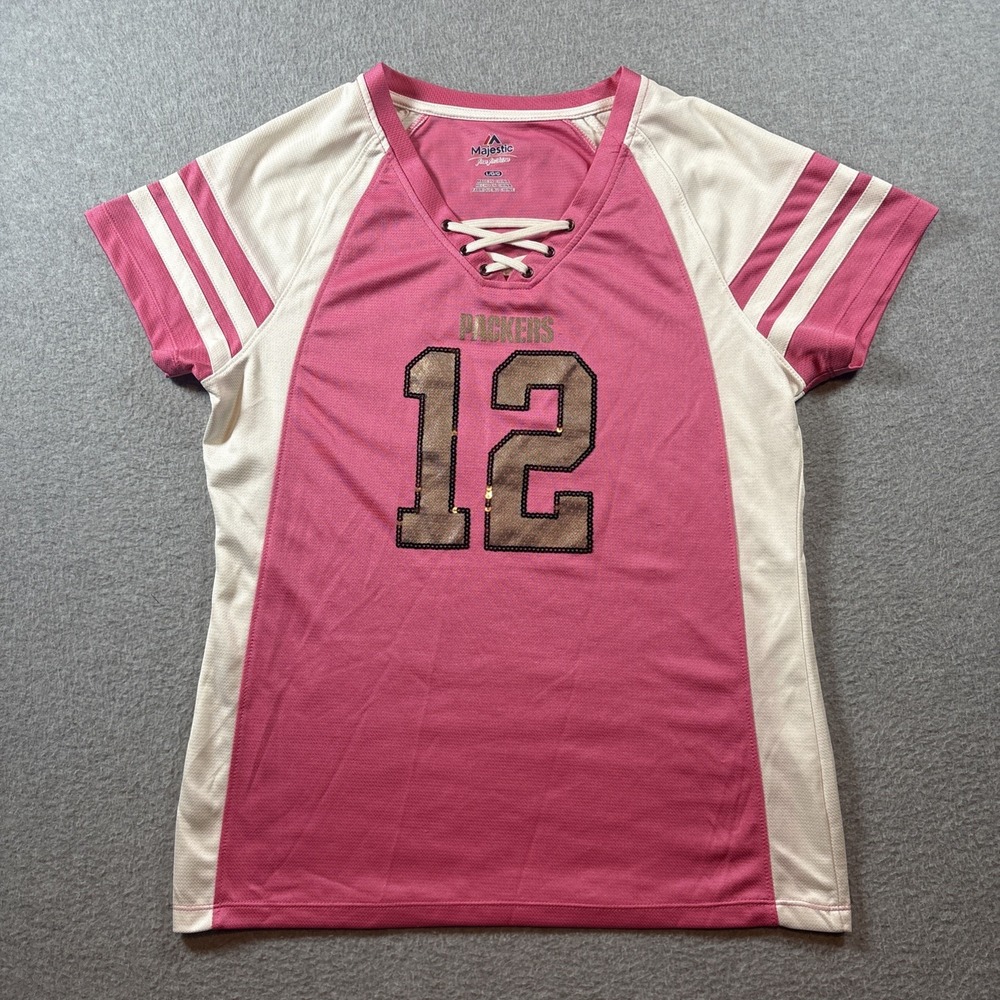 Women's Aaron Rodgers Pink Jersey Sz L Majestic NFL #12 V Neck Packers